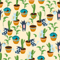 seamless pattern with cats and flowerpots - vector illustration, eps