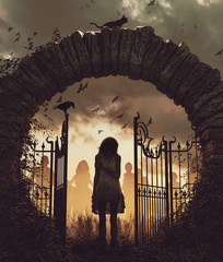 Ghost girl at the gate,3d illustration for book cover,vertical
