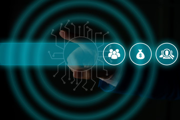 Male human wear formal work suit presenting presentation using smart device