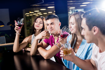 Cheerful friends in the pub. Drinking beer, wine and whisky, talking, having fun.