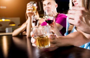 Cheerful friends in the pub. Drinking beer, wine and whisky, talking, having fun.