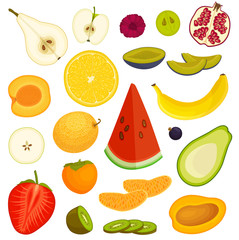 Set of fruits in cartoon style. Assorted different fruits isolated on a white background. Vector illustration.