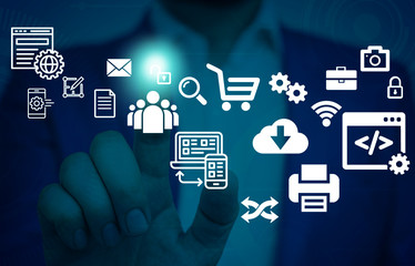 Male human wear formal work suit presenting presentation using smart device