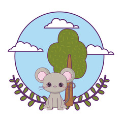 cute mouse with tree plant and crown leafs
