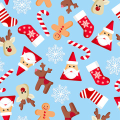 Vector seamless pattern with santa claus, candy, deer, gingerbread men, snowflakes of Happy New Year and Christmas Day.Christmas backgrounds collection. Can be used for wallpaper, pattern fills
