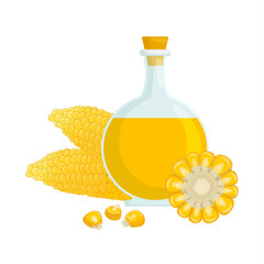 Bottle of corn oil in cartoon style. Vector composition of oil, heads of corn and grains. Composition isolated on white background.