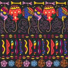 Vector seamless pattern with Mexico traditional celebration decor elements - bones, air balloons, flowers, colorful abstract ornaments isolated on dark background. Good for packaging, prints, textile.