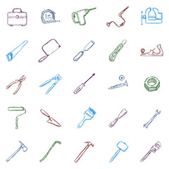 Vector Set of Color Sketch Work Tools Icons
