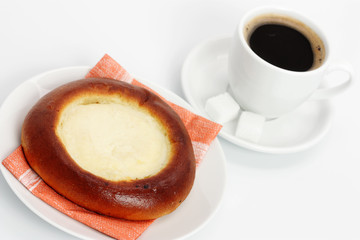 cup of coffee and Cheese bun on white background