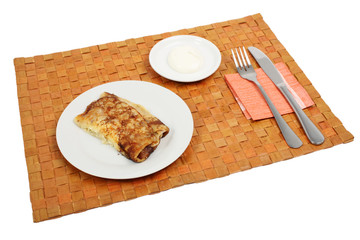 Breakfast. Pancakes with cottage cheese and sour cream.