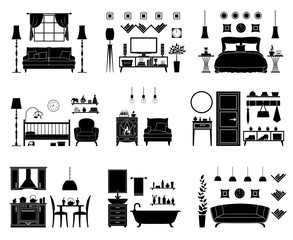 Set of silhouettes of interiors. Stencils of rooms for various purposes. Vector black white illustration. Rooms with furniture and accessories. Template.