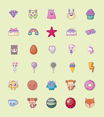 cute set icons style kawaii