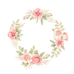Watercolor botanical illustration. Wreath with Pink dog-rose blossom. Composition with gentle rose, bud, branches and green leaves. Perfect for wedding invitations, cards, frames