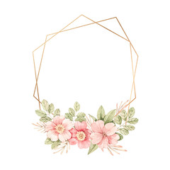 Watercolor botanical illustration. Wreath with Pink dog-rose blossom and golden frame. Composition with gentle rose, bud, branches and green leaves. Perfect for wedding invitations, cards, frames