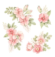 Behang Watercolor botanical illustration. Bouquets with Pink dog-rose blossom (Gentle rose, bud, branches and green leaves). Perfect for wedding invitations, cards, frames, posters, packing. © Kate Macate
