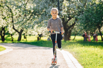 Active little toddler girl riding scooter on road in park outdoors. Seasonal child activity sport. Healthy childhood lifestyle