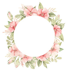 Fototapeta na wymiar Watercolor botanical illustration. Label with Pink dog-rose blossom. Circle with gentle rose, bud, branches and green leaves. Perfect for wedding invitations, cards, frames, posters, packing.