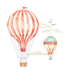Naklejka premium Hand drawn watercolor illustration - hot air balloon in the sky. Background with retro airship, clouds and birds. Perfect for baby prints, children posters, home decor, invitations etc