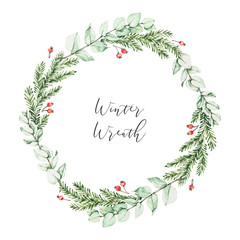 Watercolor christmas illustration. Winter botanical wreath with eucalyptus, fir tree branches and holly. Xmas artwork with floral elements. Perfect for wedding invitation, greeting card, print