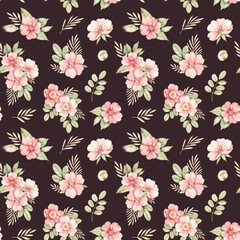 Watercolor botanical Seamless pattern. Background with pink dog-rose blossom (Gentle rose, bud, branches and green leaves). Perfect for wrapping paper, fabric, textile, wedding invitations, packing