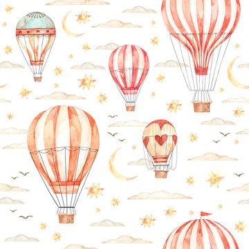 Watercolor seamless pattern. Air balloons, moon, clouds and stars. Ideas for a children's room. Baby shower party elements. Perfect for invitation, print, postcard, fabric, wrapping paper, wallpaper.