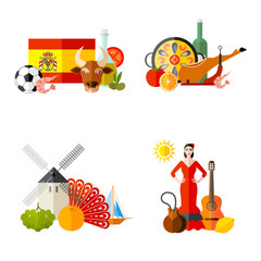 Set of pre-made cards with Spanish symbols. Flat style composition. Vector travel templates.