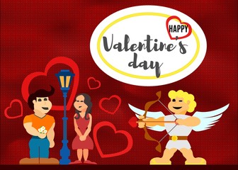 Fototapeta na wymiar Valentine's day greeting card with couple and cupid on red color
