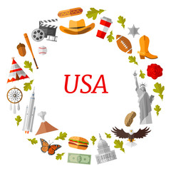 A wreath of famous USA symbols. Vector round frame with place for text. Template for a tourist theme. Travel to America.