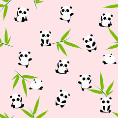Cute cartoon panda bear seamless pattern, animals on background with bamboo leaf, for kids © lujunxu