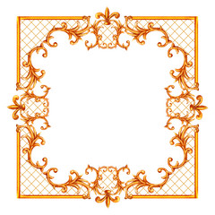 Baroque style elements. Watercolor hand drawn vintage engraving floral scroll filigree design frame.