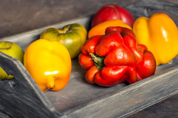 Imperfect natural peppers and tomatoes on an old wooden tray on a dark background. Healthy eating concept.