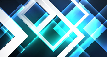 Fototapeta premium Neon glowing techno square rectangle lines, blue hi-tech futuristic abstract background