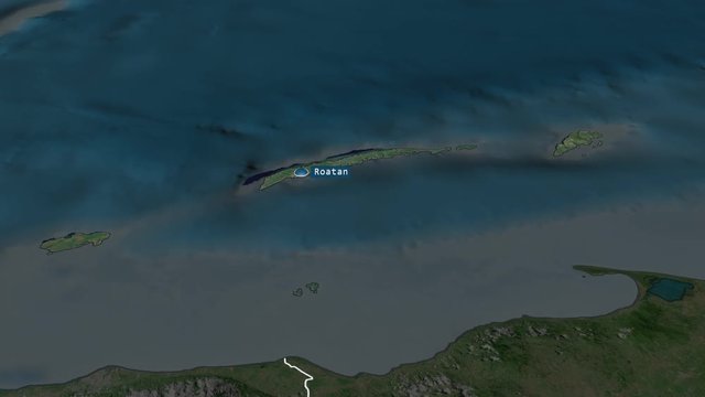 Islas de la Bah&iacute;a - department of Honduras with its capital zoomed on the satellite map of the globe. Animation 3D