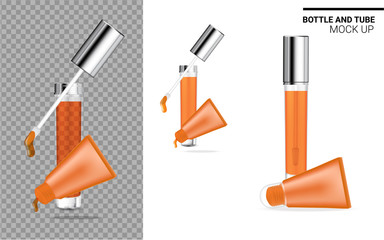 Bottle and Tube Mock up Realistic Transparent, Orange Cosmetic. Health care and Medical Product Packaging for Lipgloss and Lips Balm Template Set for Skincare. Background Vector