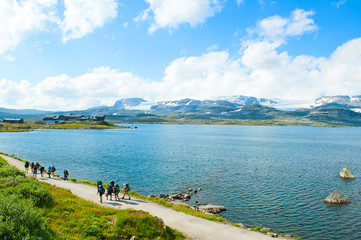 Tourists and beautiful mountain landscape in Finse, Norway on July 28 2019