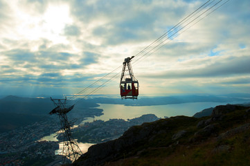 Beautiful view with Ulriken Cable Car and sunset seen from the Mount Ulriken in Bergen, Norway, on August 4 2019