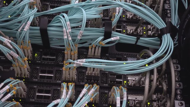 Server rack flashing led lights are in a modern data center are located behind an iron door with round openings.