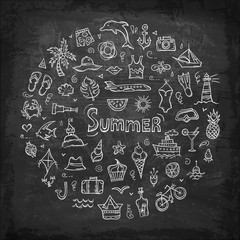 Doodle summer symbols. Set of hand-drawn icons on a black chalk board background. Vector illustration on the theme of recreation, sea and entertainment.