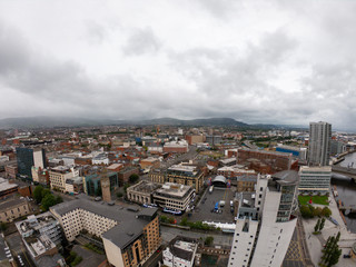 Belfast, Northern Ireland Aerial view of architecture and buildings. View on City from above 