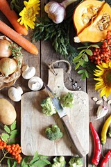 Autumn cooking background. Vegetables cooking ingredients for  vegetarian Thanksgiving day dinner.