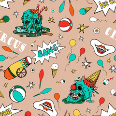 Vector seamless pattern circus elements, a human skull and melting ice cream. Creepy cartoon illustration for prints, t-shirts, Halloween or tattoo.