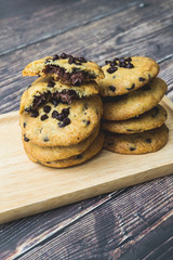 Soft chocolate chip Cookies nutella on the Wooden plate,wood table blackground
