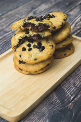 Soft chocolate chip Cookies nutella on the Wooden plate,wood table blackground