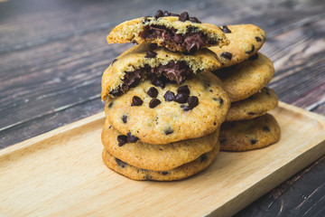 Soft chocolate chip Cookies nutella on the Wooden plate,wood table blackground