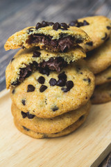 Soft chocolate chip Cookies nutella on the Wooden plate,wood table blackground
