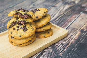Soft chocolate chip Cookies nutella on the Wooden plate,wood table blackground