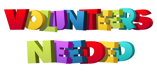 Colorful illustration of "Volunteers Needed" text