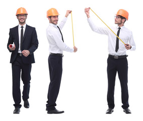 in full growth .successful architect engineer in orange helmet.