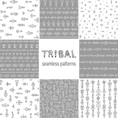 Set of tribal seamless patterns. Hand-drawn ethnic backgrounds. Vector boho patterns.