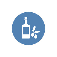 Olives branch with olive oil bottle sign. Flat style icon on white background